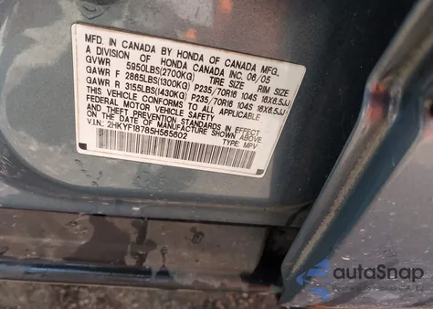 2005 Honda Pilot Ex-L from USA, damaged, VIN 2HKYF18785H565602